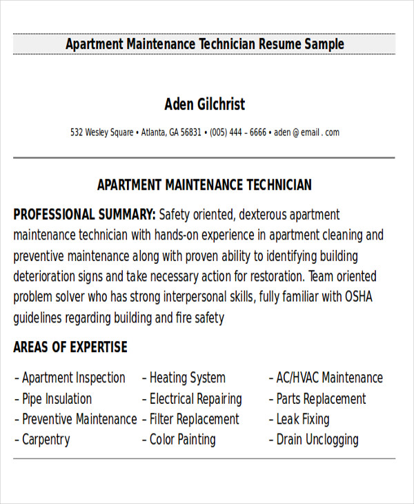 resume for apartment maintenance technician