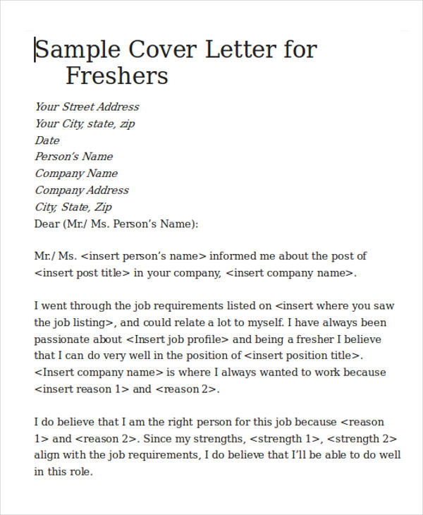 cover letter for job fresher free