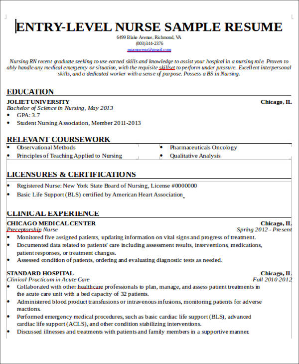 FREE 7+ Sample New Nurse Resume Templates in MS Word PDF