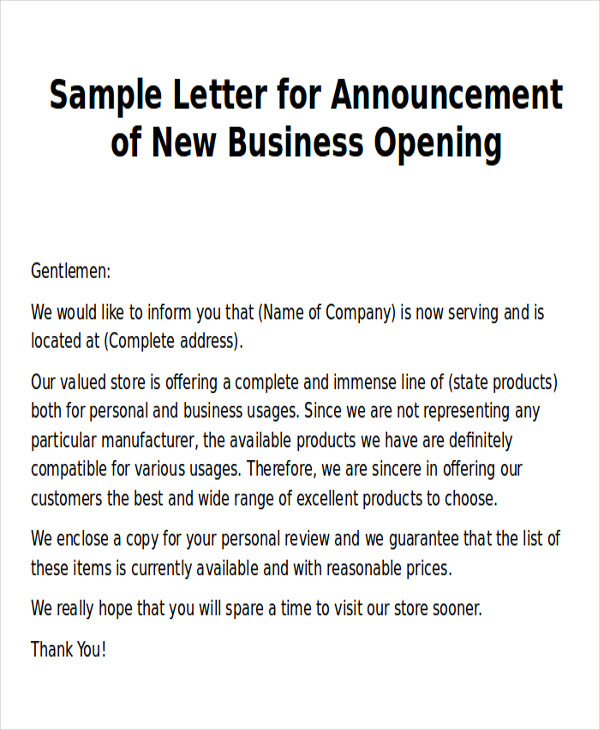 new business announcement letter