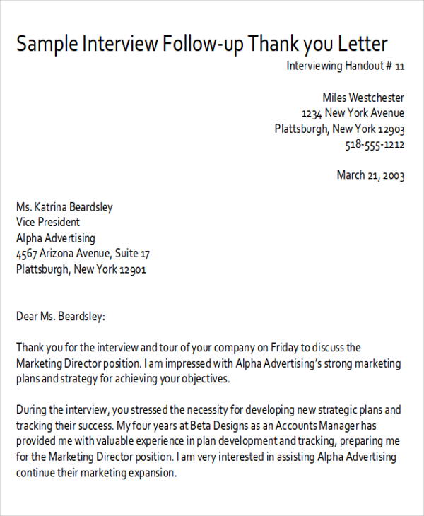 FREE 6+ Sample Thank-You Follow-Up Letter Templates in PDF | MS Word