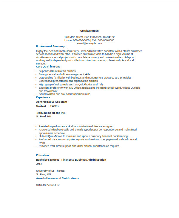 sample entry level admin assistant resume