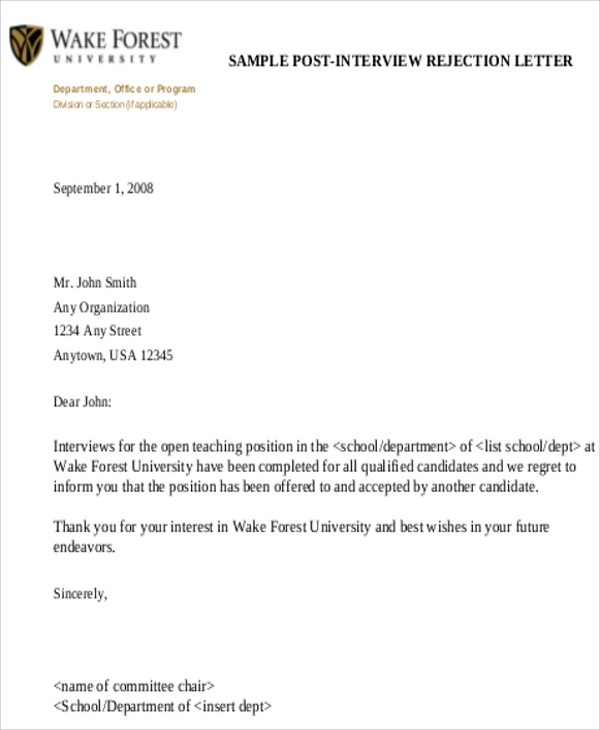 sample formal interview rejection letter