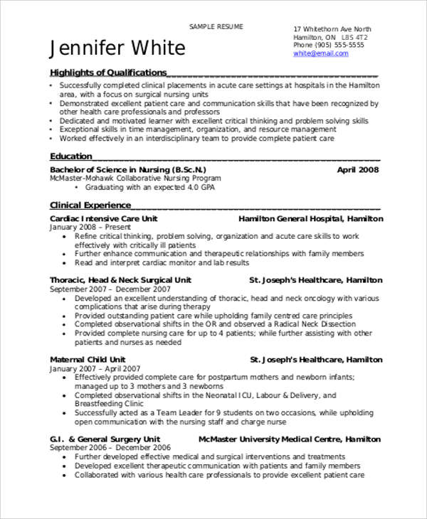 FREE 8 Sample Student Nurse Resume Templates In MS Word