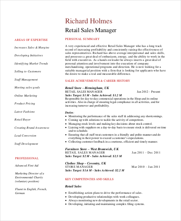 resume summary examples for retail management