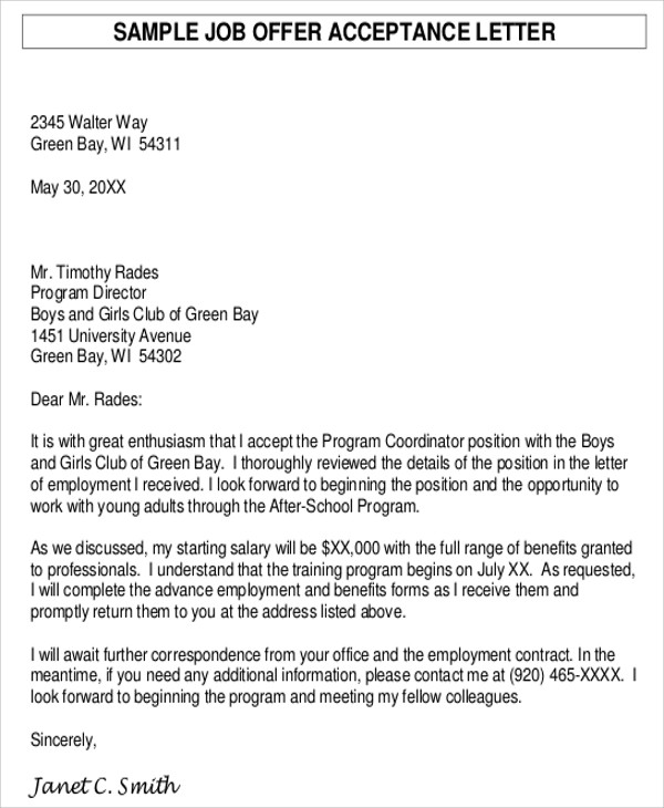 formal acceptance letter for job offer