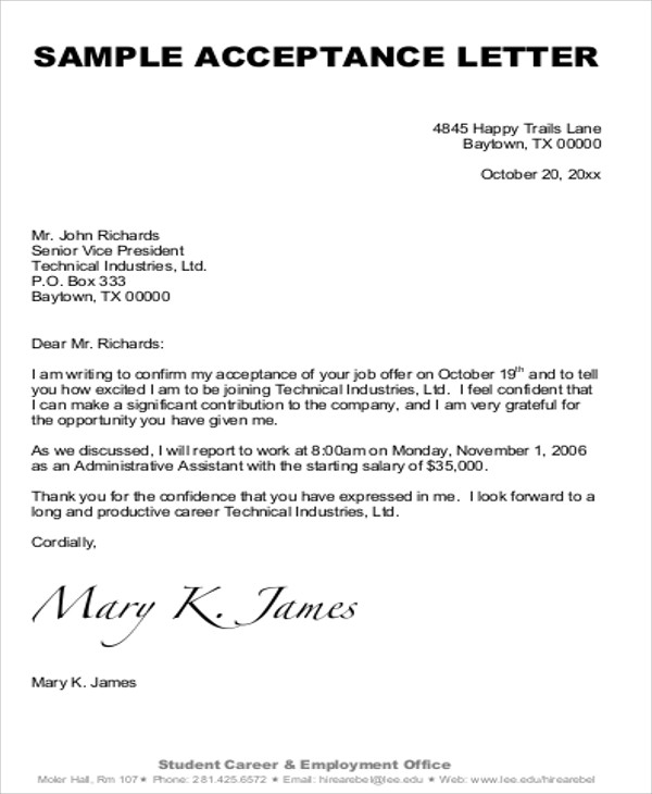 FREE 8 Sample Formal Acceptance Letter Templates PDF