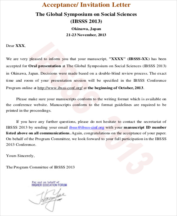 FREE 8+ Sample Formal Acceptance Letter Templates PDF