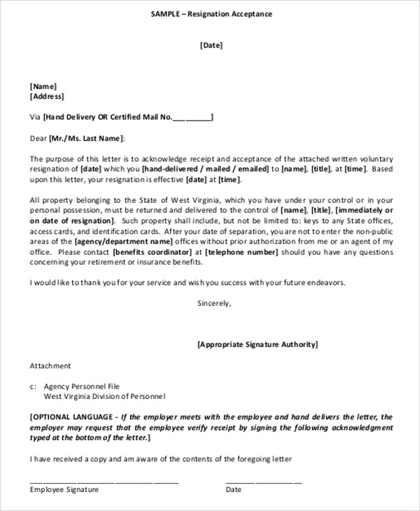 formal resignation acceptance letter