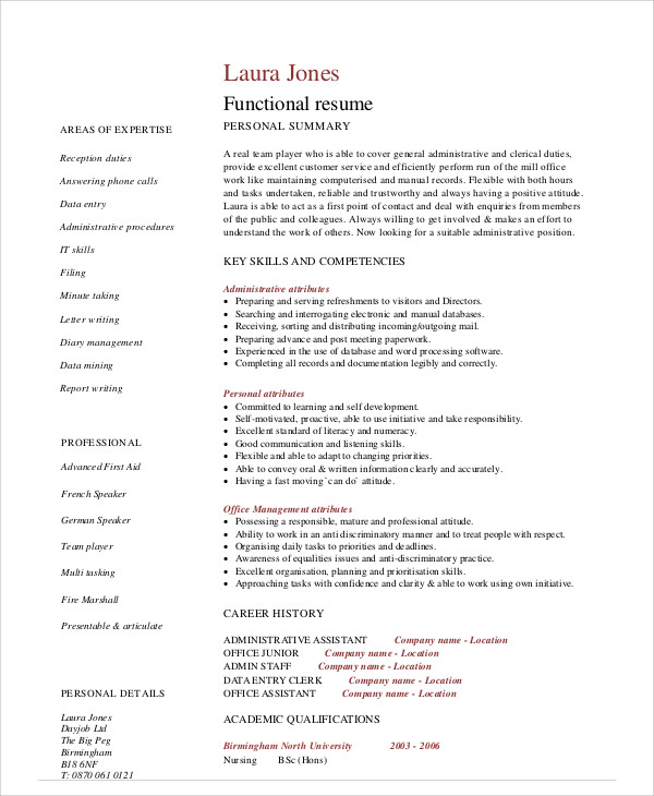 admin assistant functional resume