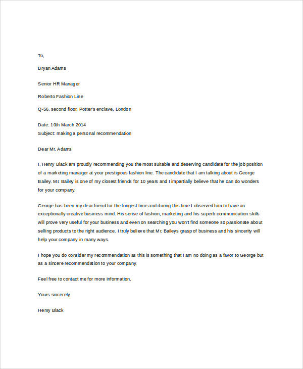 sample personal recommendation letter