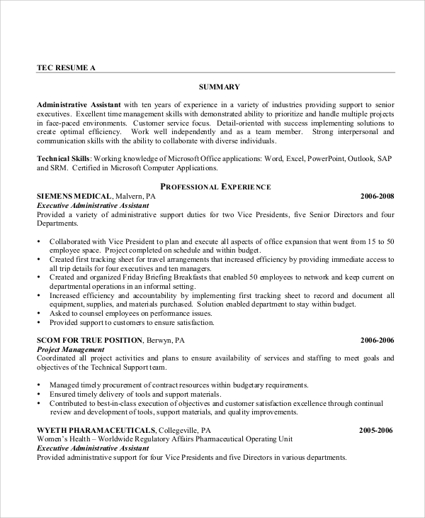 sample executive administrative assistant resume