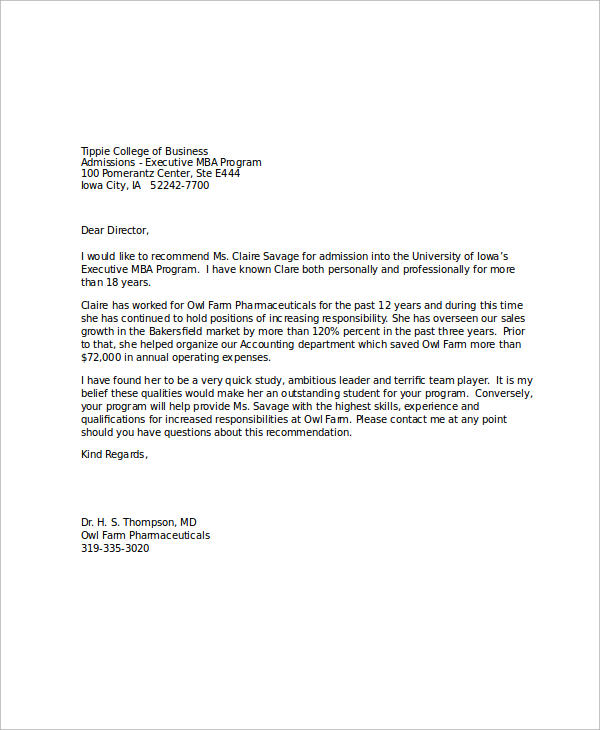 personal recommendation letter for college admission