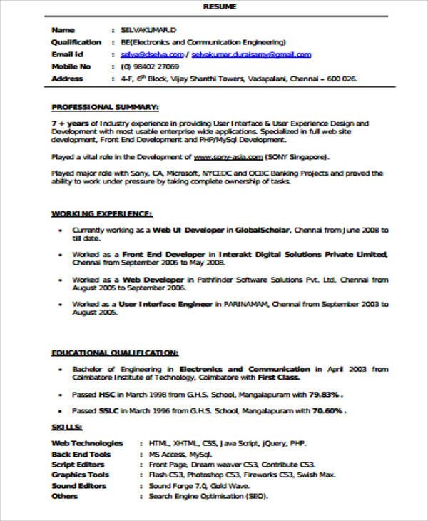 sample resume for fresher web developer