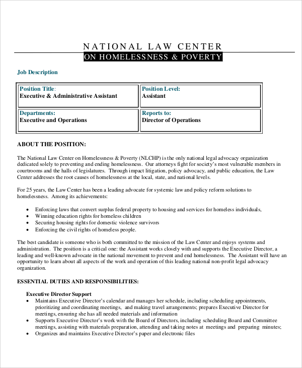 executive administrative assistant job description for resume
