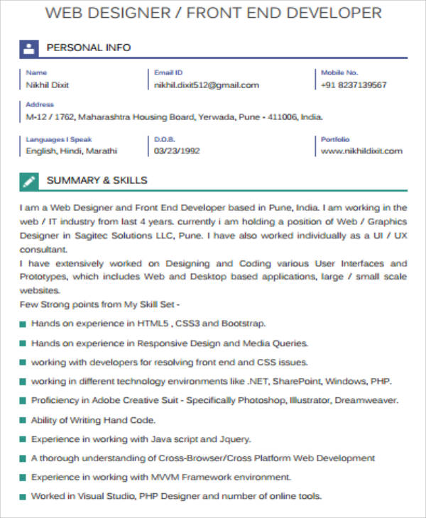 Free 12 Sample Front End Developer Resume Templates In Ms Word Pdf 