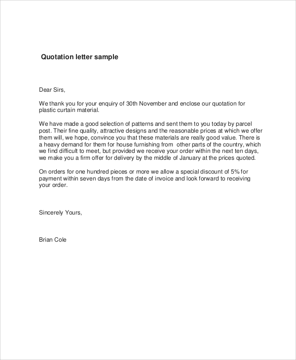 sample quotation letter free