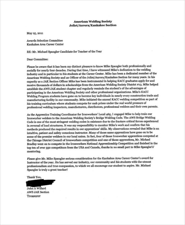 teacher of the year recommendation letter