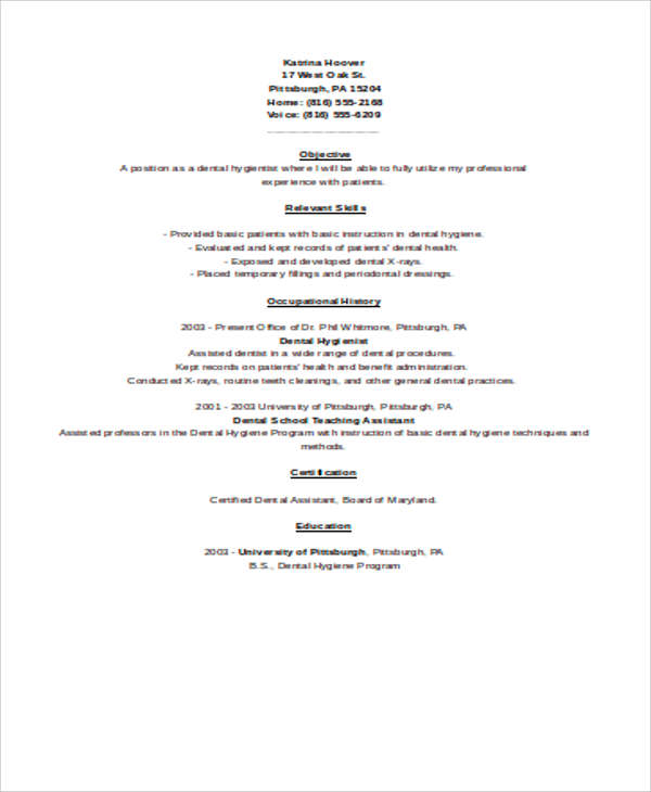 sample dental hygienist resume pdf