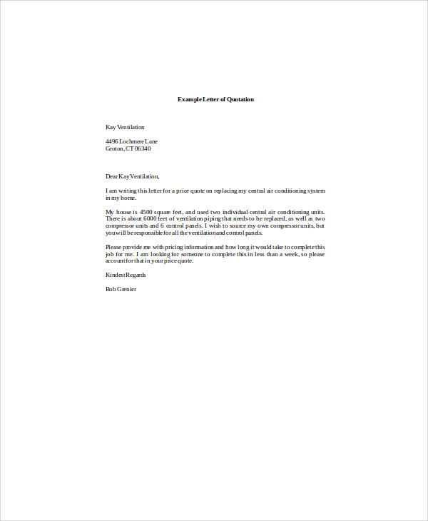 sample cover letter for quotation to client