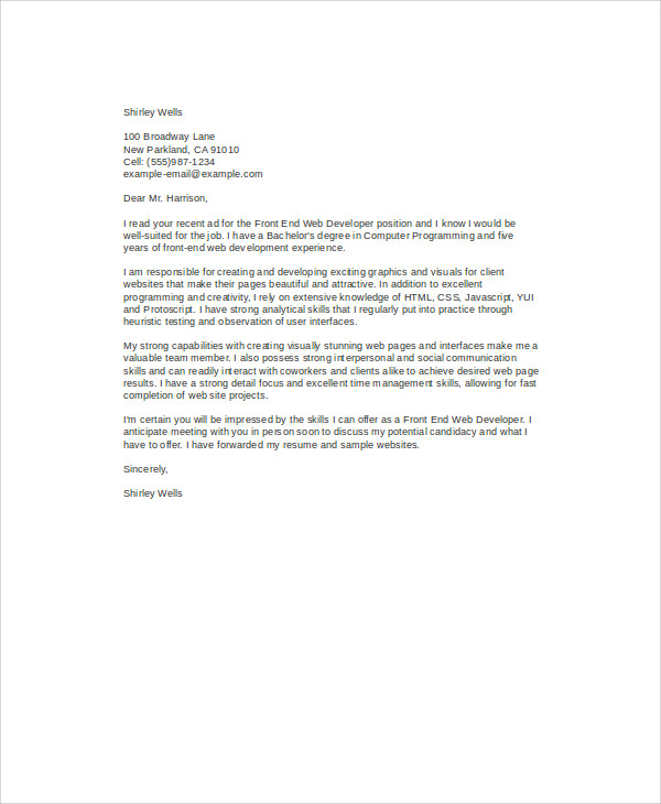 front end web developer cover letter sample