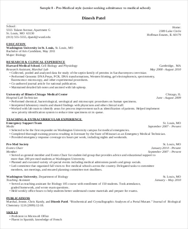 pre medical student cv example