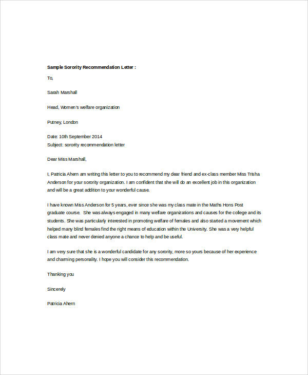 sample sorority recommendation letter