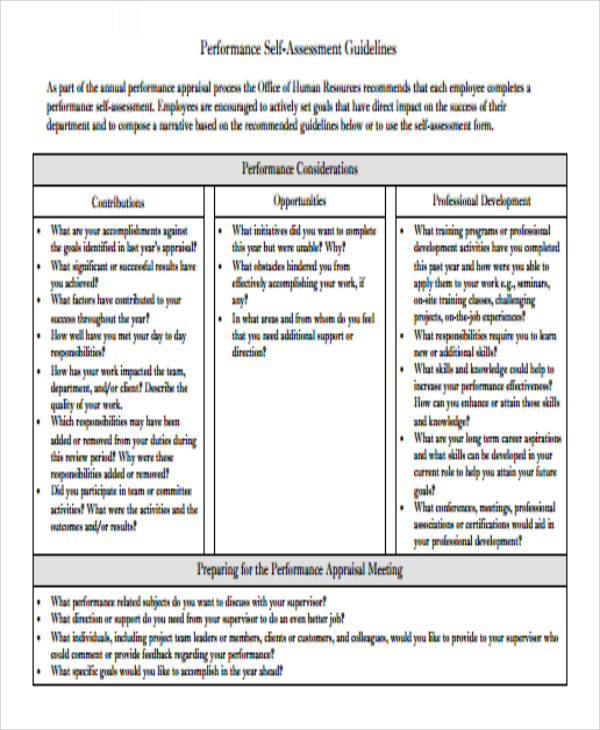 job performance self assessment example