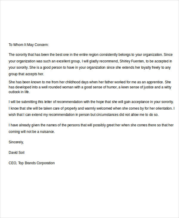 Sorority Letter Of Recommendation Template 5081