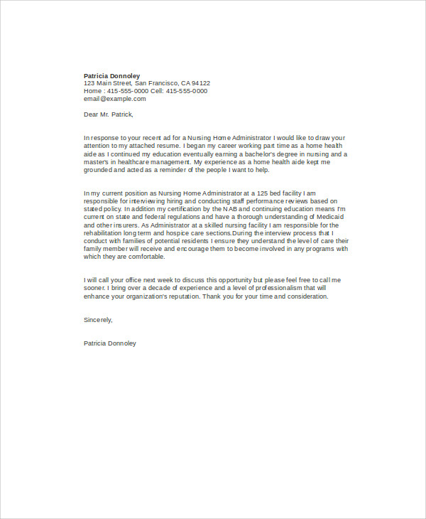 cover letter examples for nursing home administrators