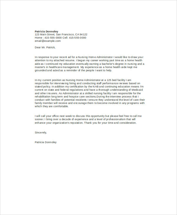 nursing home administrator cover letter sample