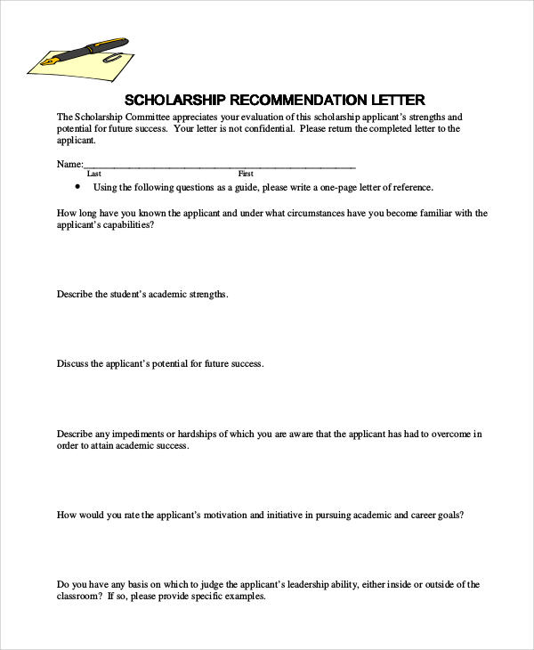 scholarship recommendation letter format