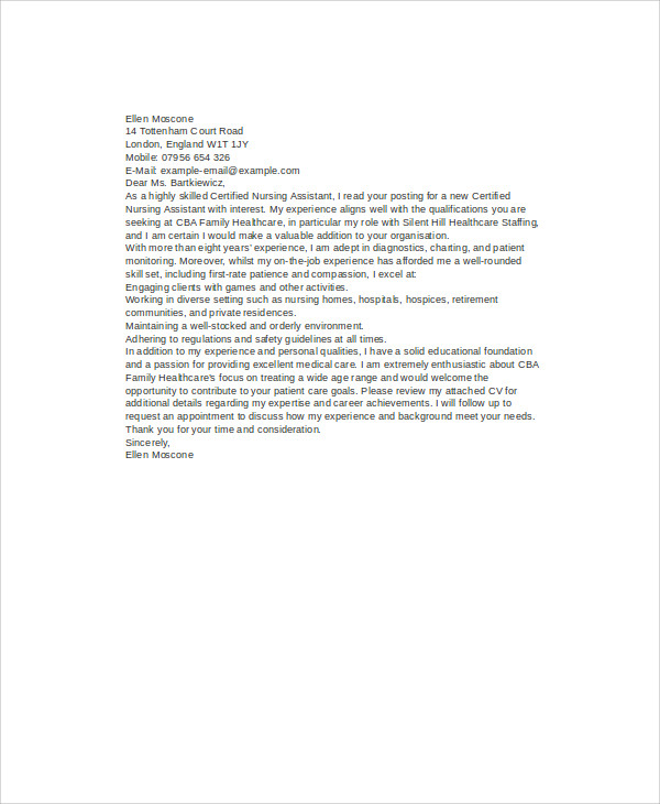 nursing assistant cover letter example