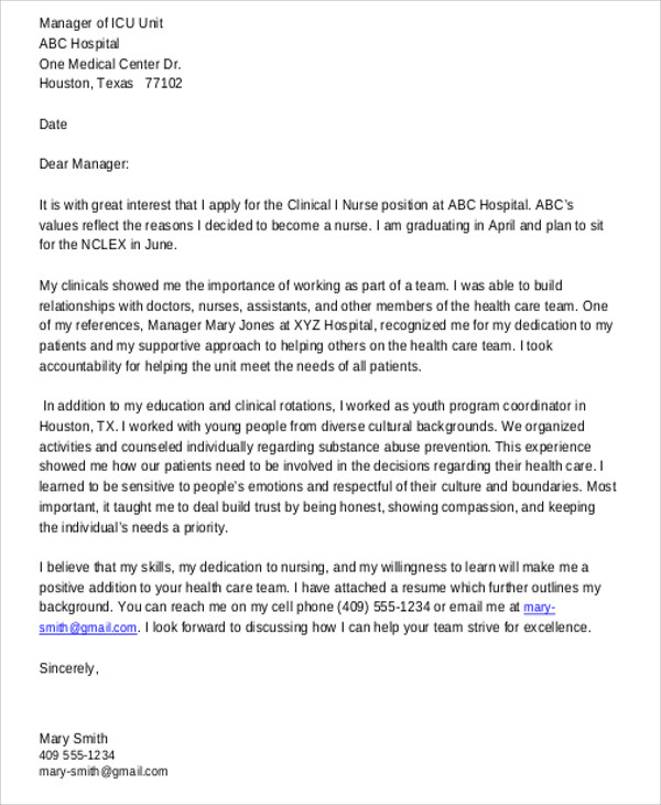 graduate nursing school cover letter example