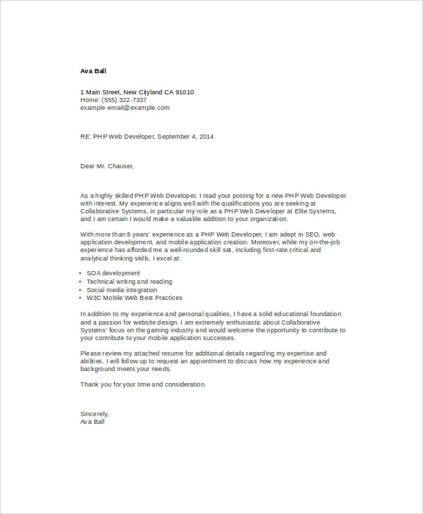 sample of cover letter for web developer job