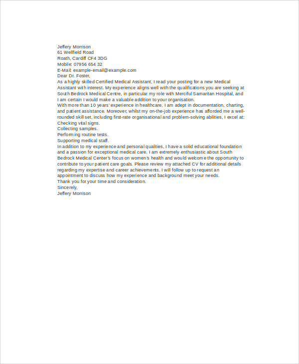 cover letter for job application for medical assistant