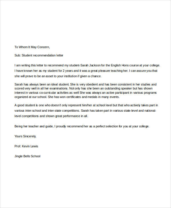 high school student recommendation letter