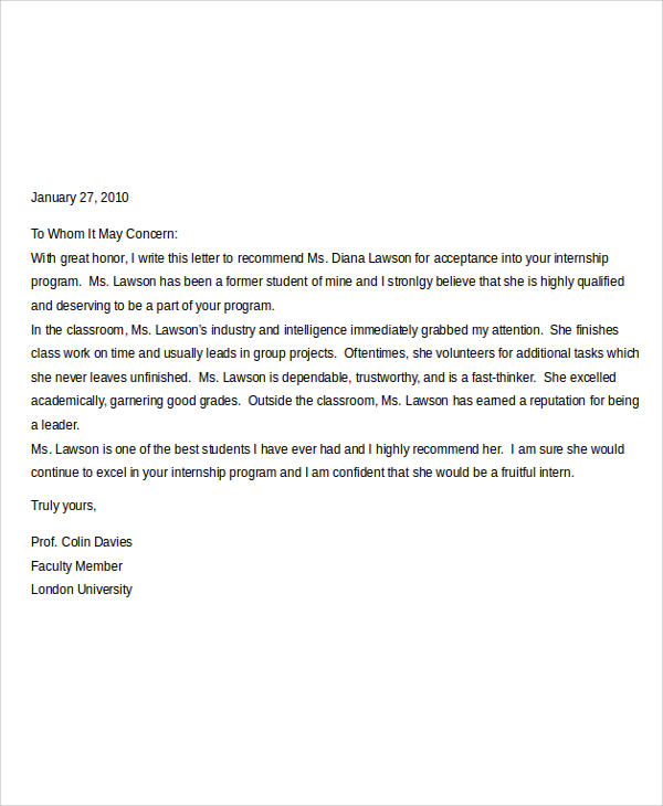 student intern recommendation letter
