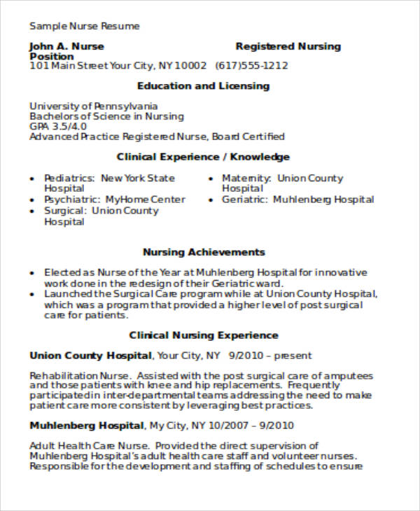 4 Sample Graduate Nurse Resume Examples In Word PDF