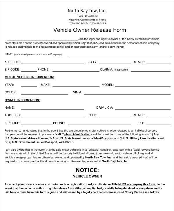 Free 9 Sample Vehicle Release Forms In Ms Word Pdf 0791