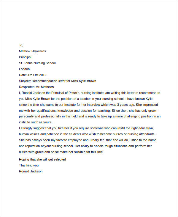 Letter Of Recommendation Examples Nursing 0391