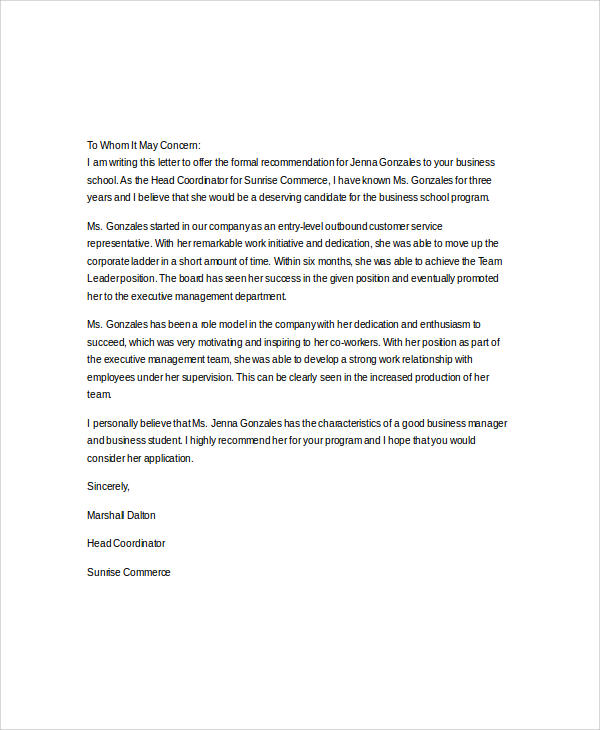 business school recommendation letter