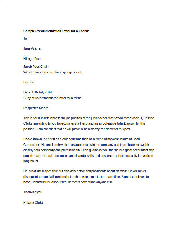 Sample Of Personal Recommendation Letter For A Friend 9200