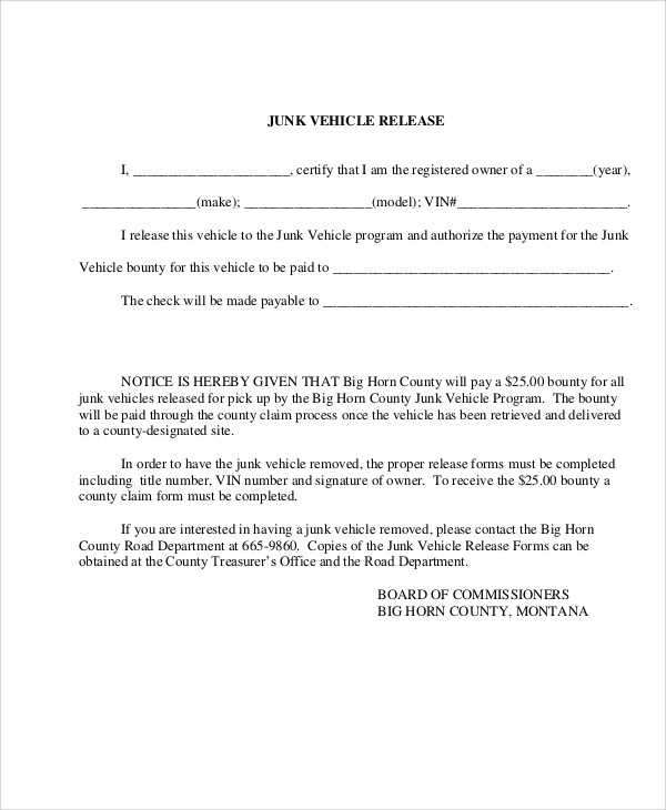 junk vehicle release form