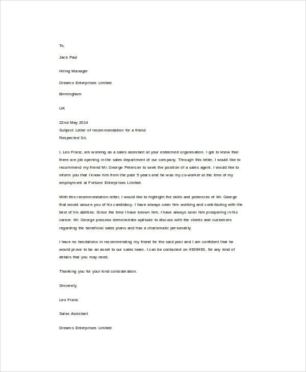 Letter Of Recommendation For A Friend For A Job from images.sampletemplates.com