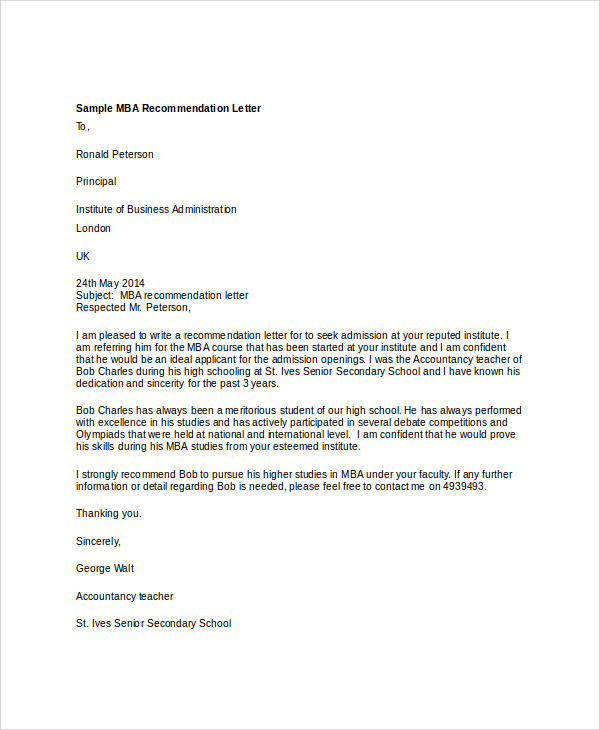 professional mba recommendation letter