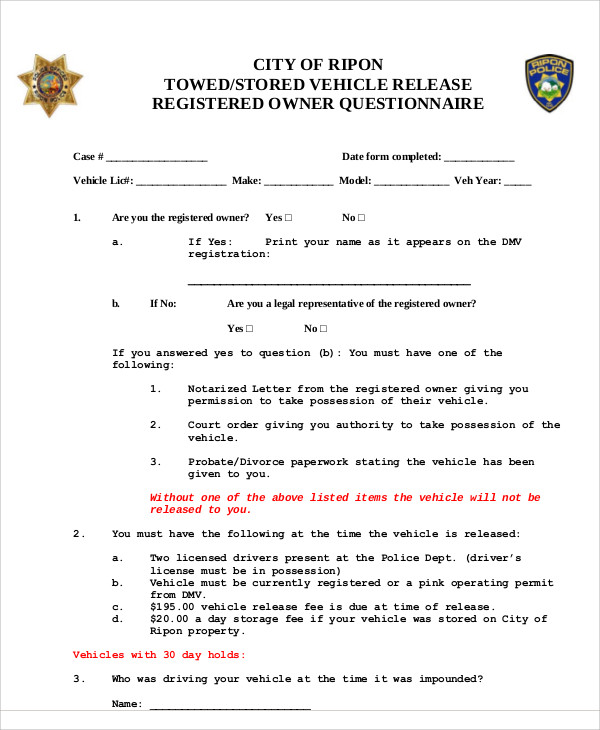 police vehicle release form