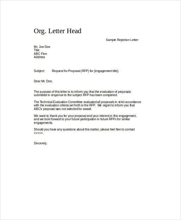 request for proposal rejection letter