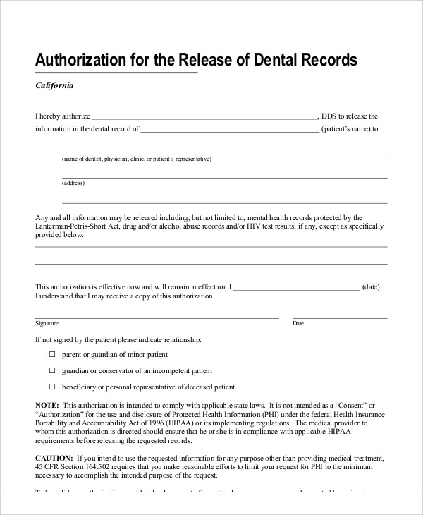 Dental Records Release Form Template 6179