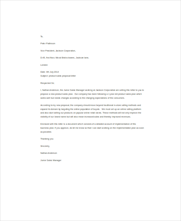 sample sales product proposal letter